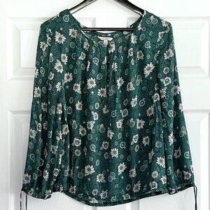 Lucky Brand floral 1/2 button boho long tie sleeve shirt green blouse size L
